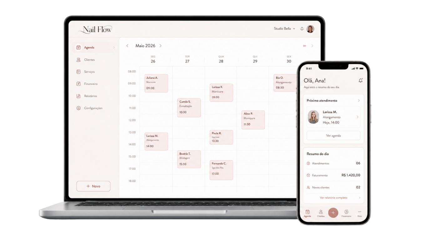 Mockup do Nail Flow em notebook e telemóvel